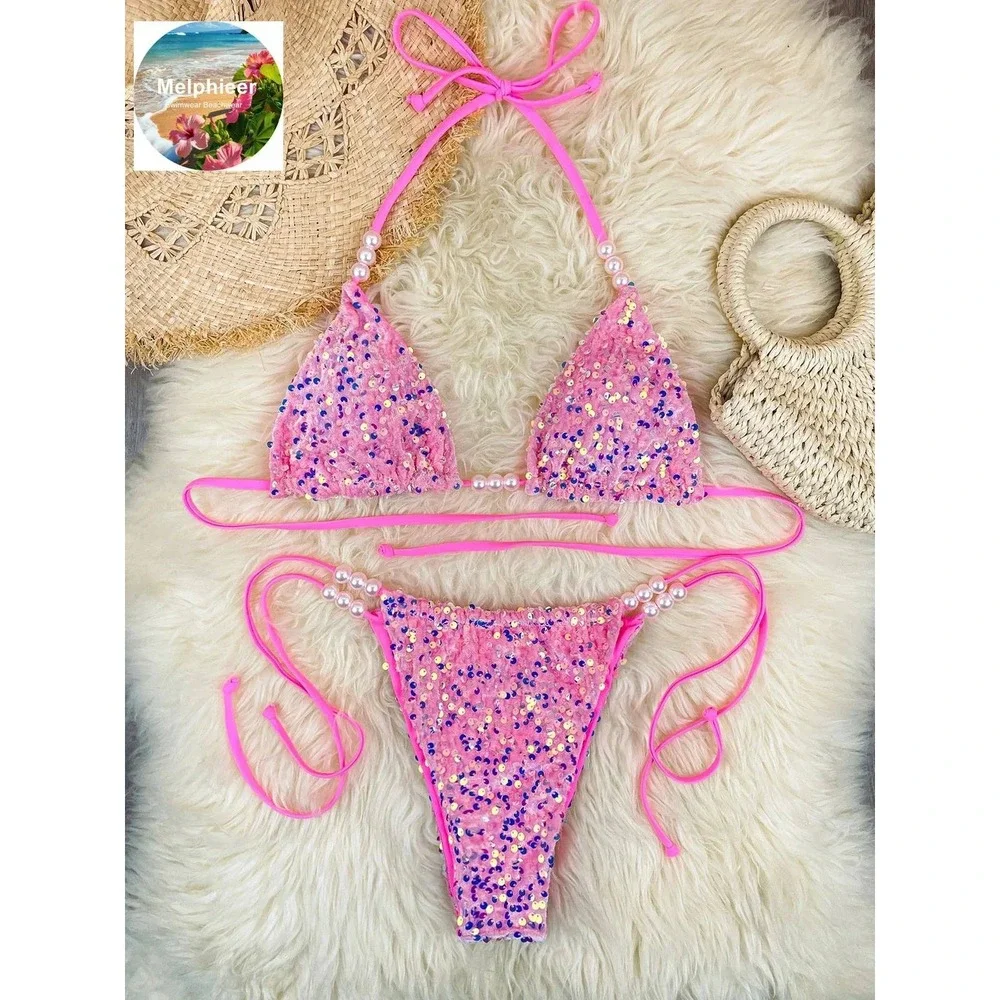 Pink Sequin Pearl Beaded Bikini Set Sexy Two Piece Swimsuit Women Size Small